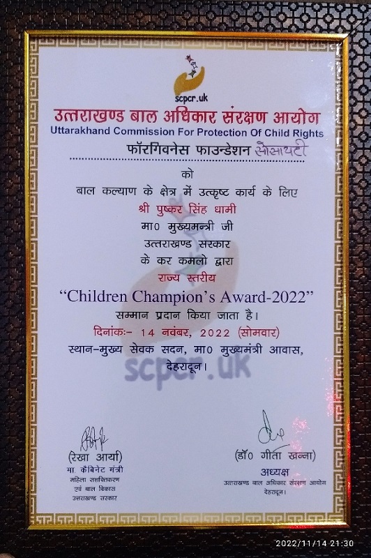 Forgiveness Foundation Society gets Children Champion Award