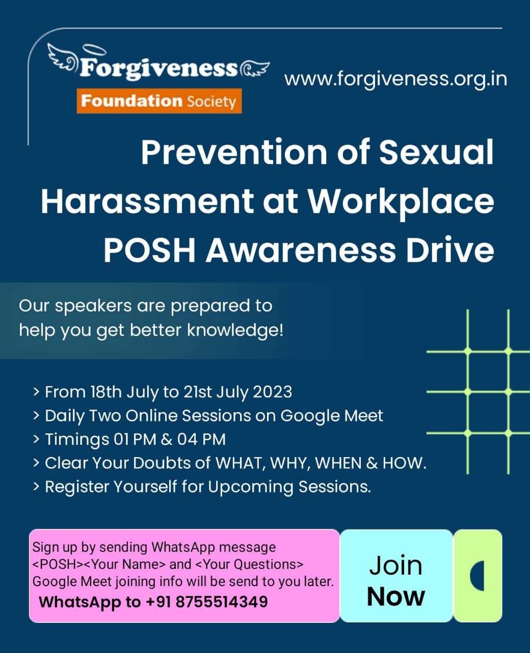 POSH Awareness Drive Webinars from 18th to 21st July 2023