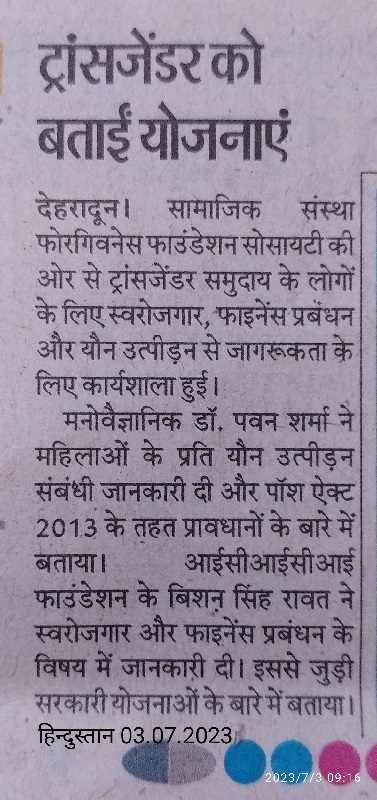 Forgiveness Foundation Society conducted workshop for Transgender Community